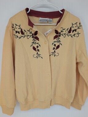 VTG Hastings & Smith Petite M Cardigan Butter Embroidered Leaf Grandmacore NWT